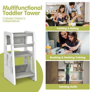 Costway Kids Kitchen Step Stool with Double Safety Rails Toddler Learning Stool Gray HY10011HS