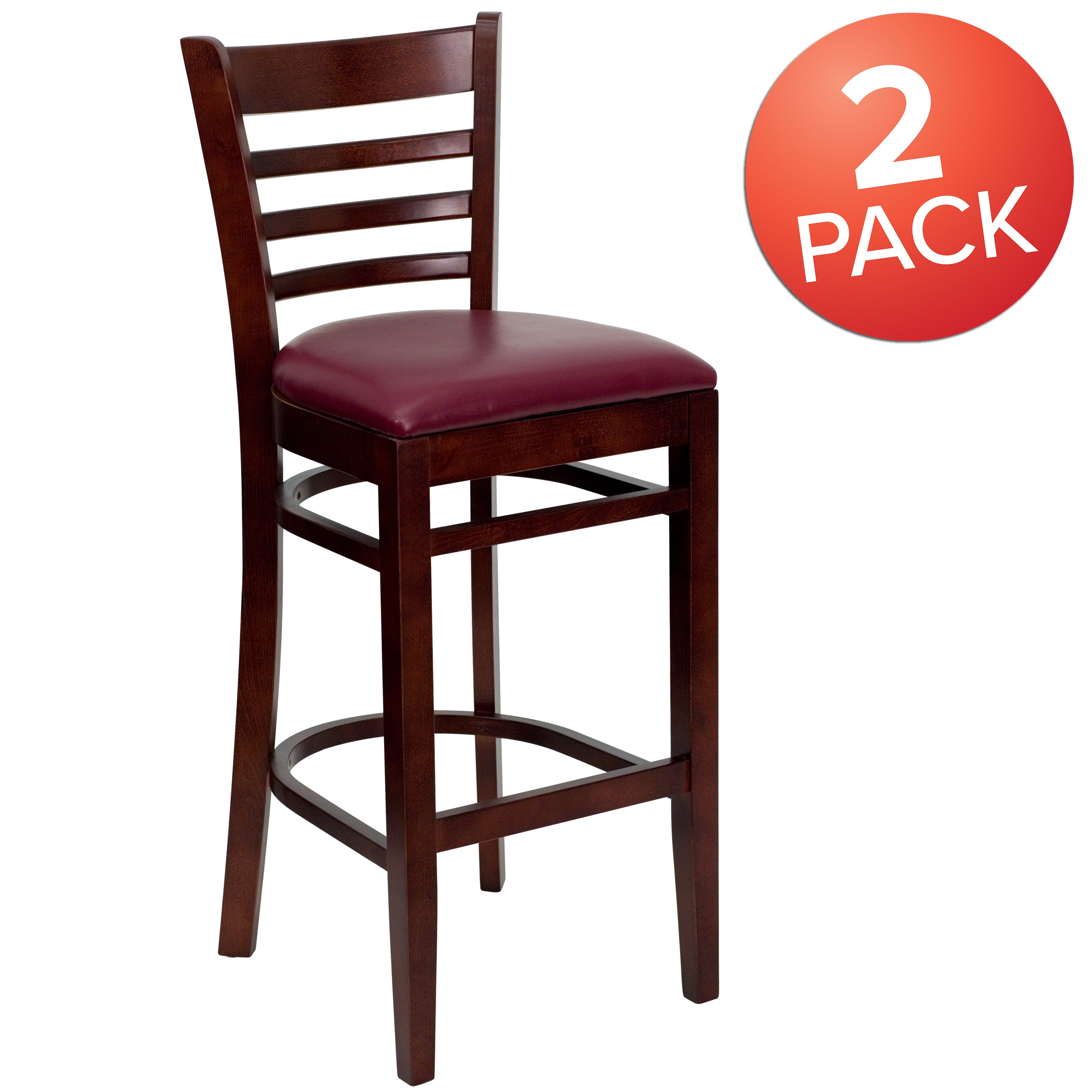 BizChair 2 Pk. Ladder Back Mahogany Wood Restaurant Barstool - Burgundy Vinyl Seat