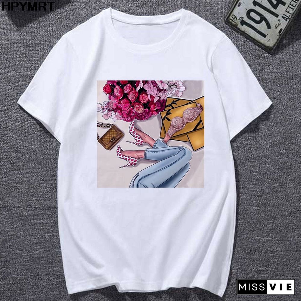 Summer Newest T-Shirts Women Watercolor High Heels Printed Femme T-shirt