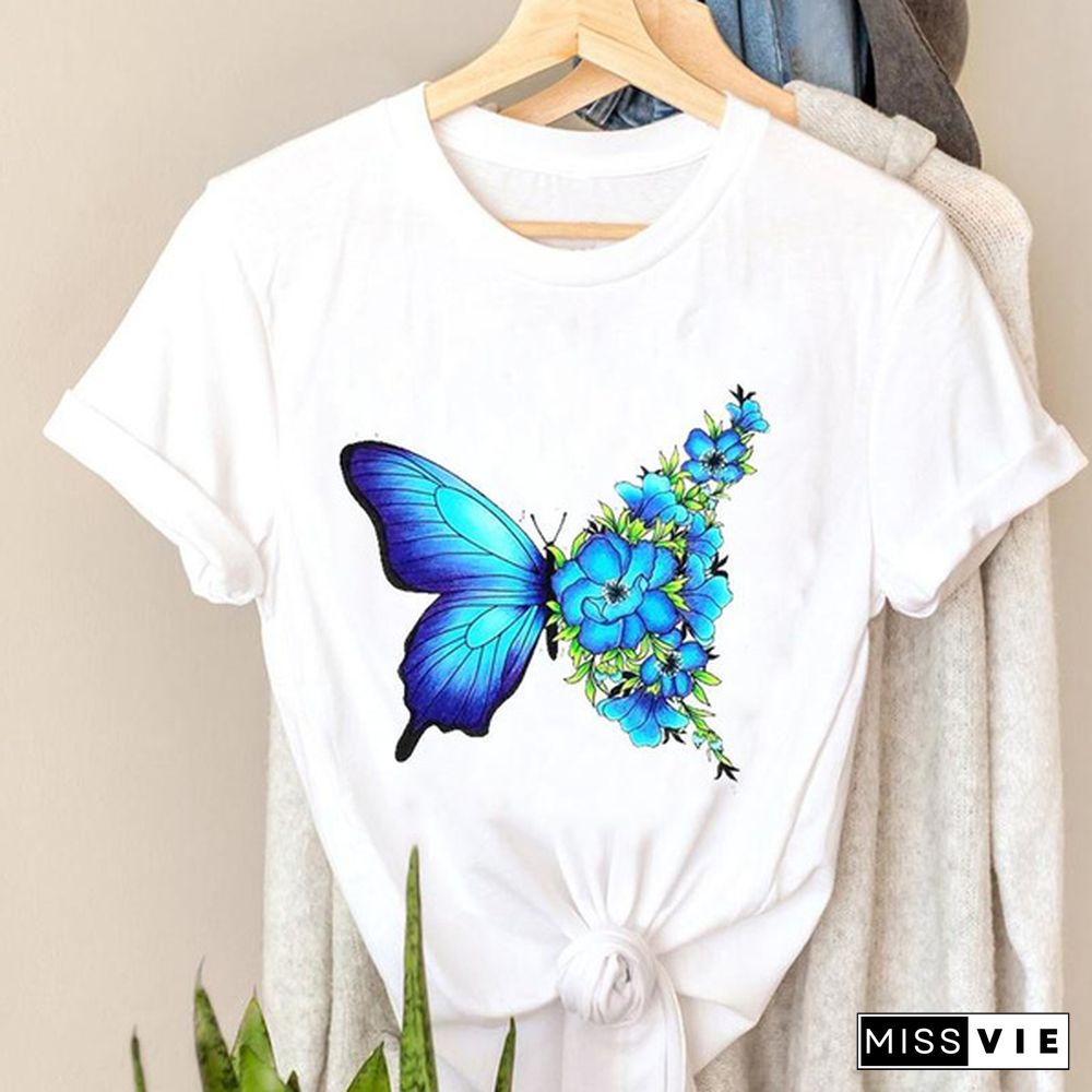 Women flower butterfly lovely style printing tshirt casual T tee top fashion clothes cartoon print lady female clothing graphic short sleeve t-shirt