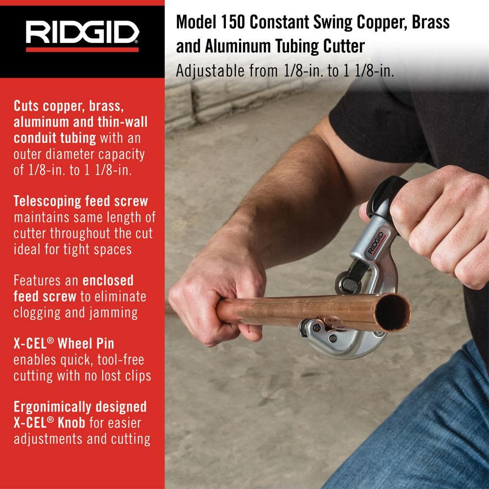 RIDGID 1/8 in. to 1-1/8 in.150 Constant Swing Copper Pipe & Stainless Steel Tubing Cutter w Easy Change Wheel Pin + Spare Wheel 31622