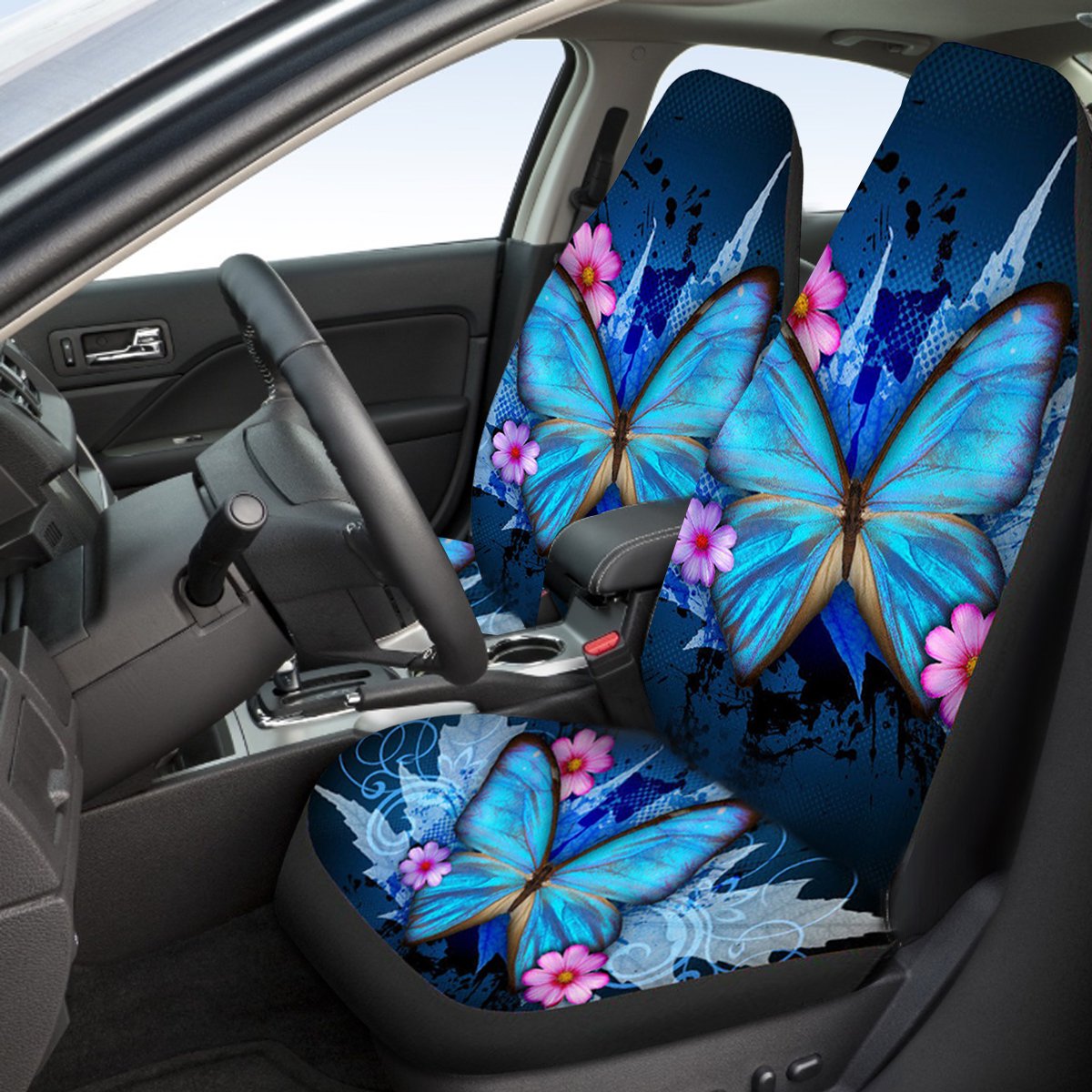 HQZY 4 PCS Front Seat Covers Spring Butterfly Printing Pattern Car Seat Protector Fabric Breathable Full Seasons General Front Car Seat Covers for Sedan， SUV， Truck