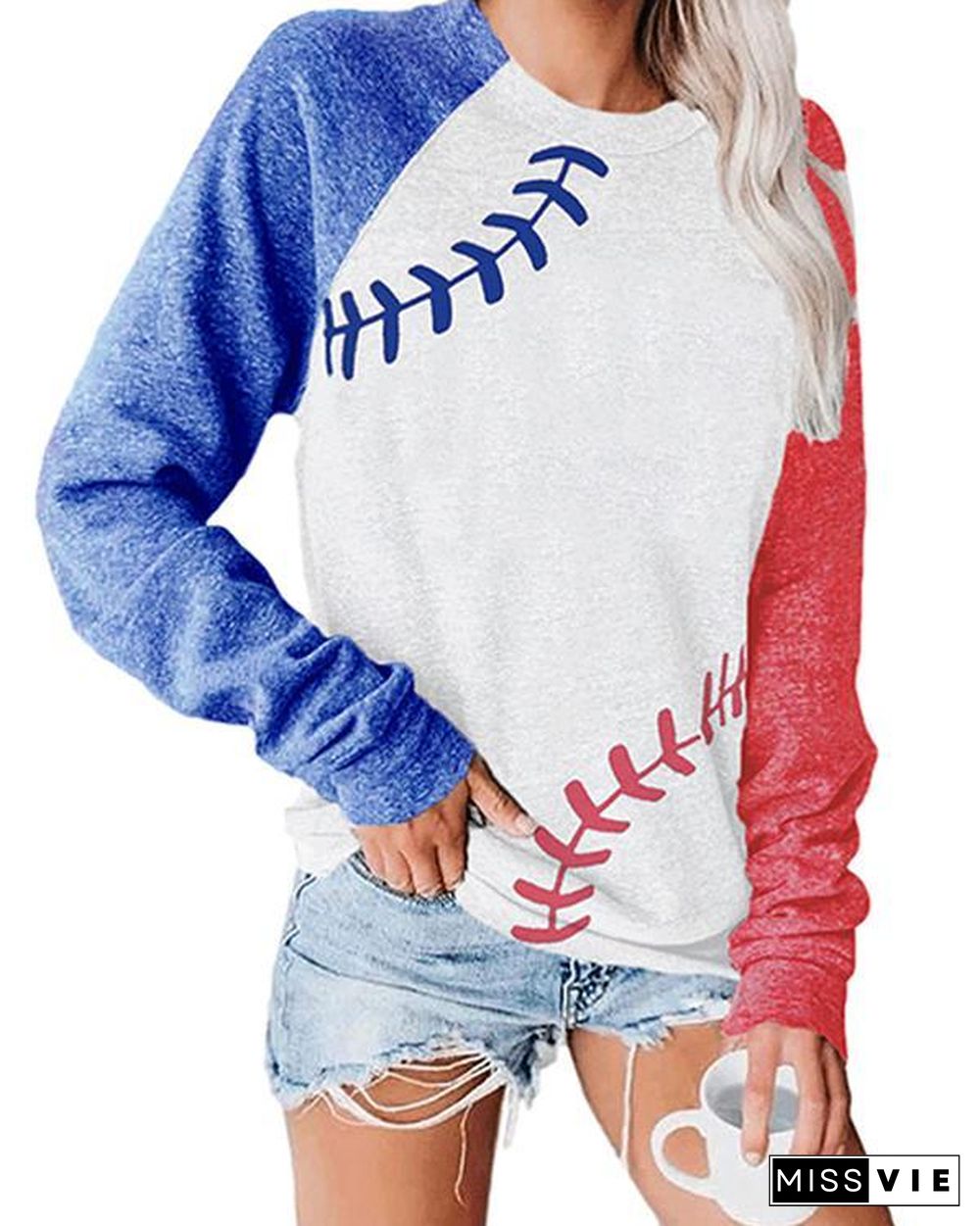 Plus Size Long Sleeve Letter Printed Color Stitching Top