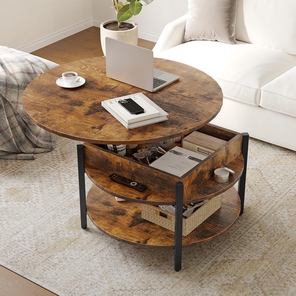 Round Lift Top Coffee Table for Living Room， 35.43'' Round Coffee Table with Storage and Hidden Compartment - as picture