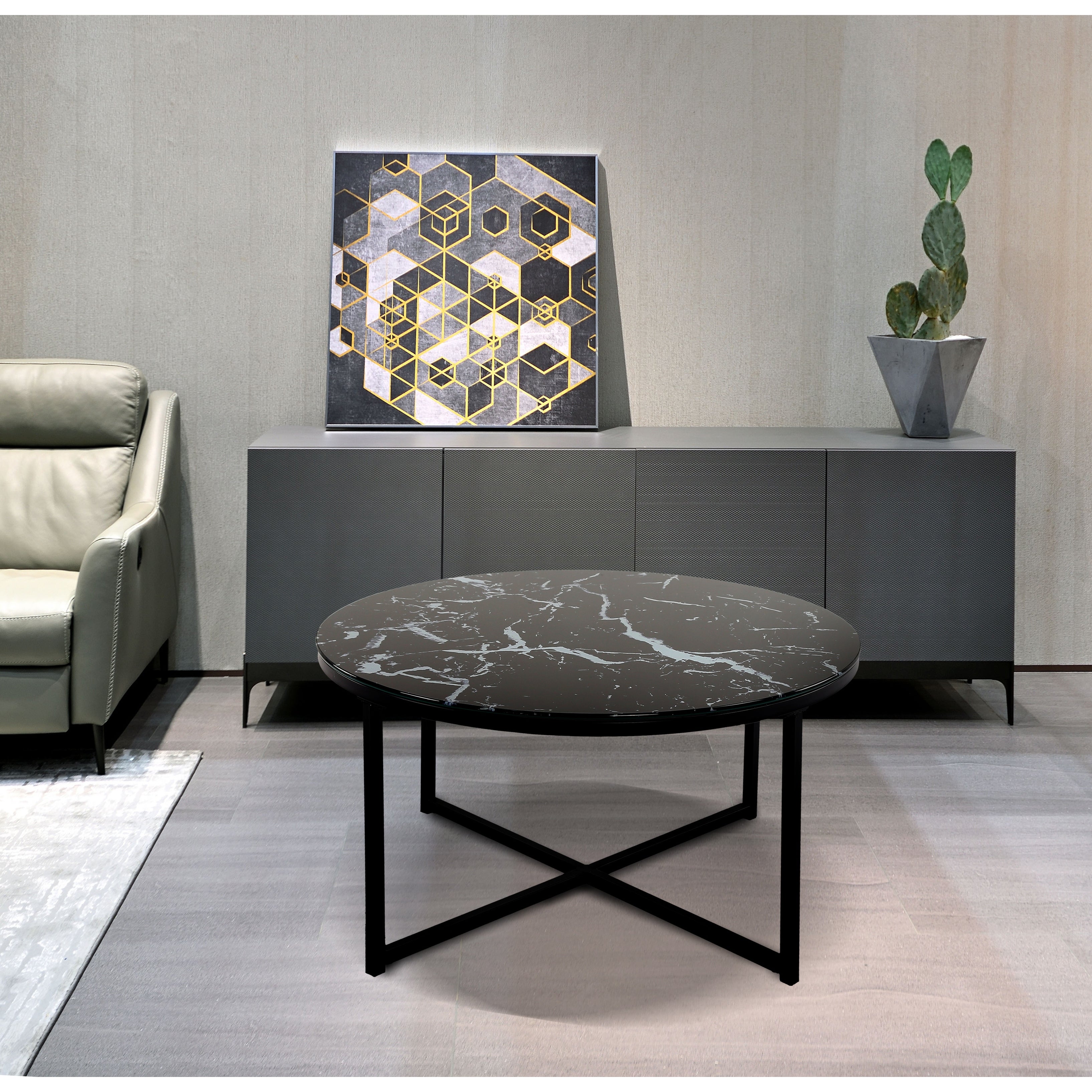 EPOWP Cross Legs Glass Coffee Table with Metal Base， Marble Black Color Top