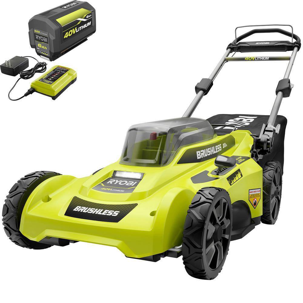 RYOBI 40V Brushless 20 in. Cordless Battery Walk Behind Push Lawn Mower with 6.0 Ah Battery and Charger RY401110