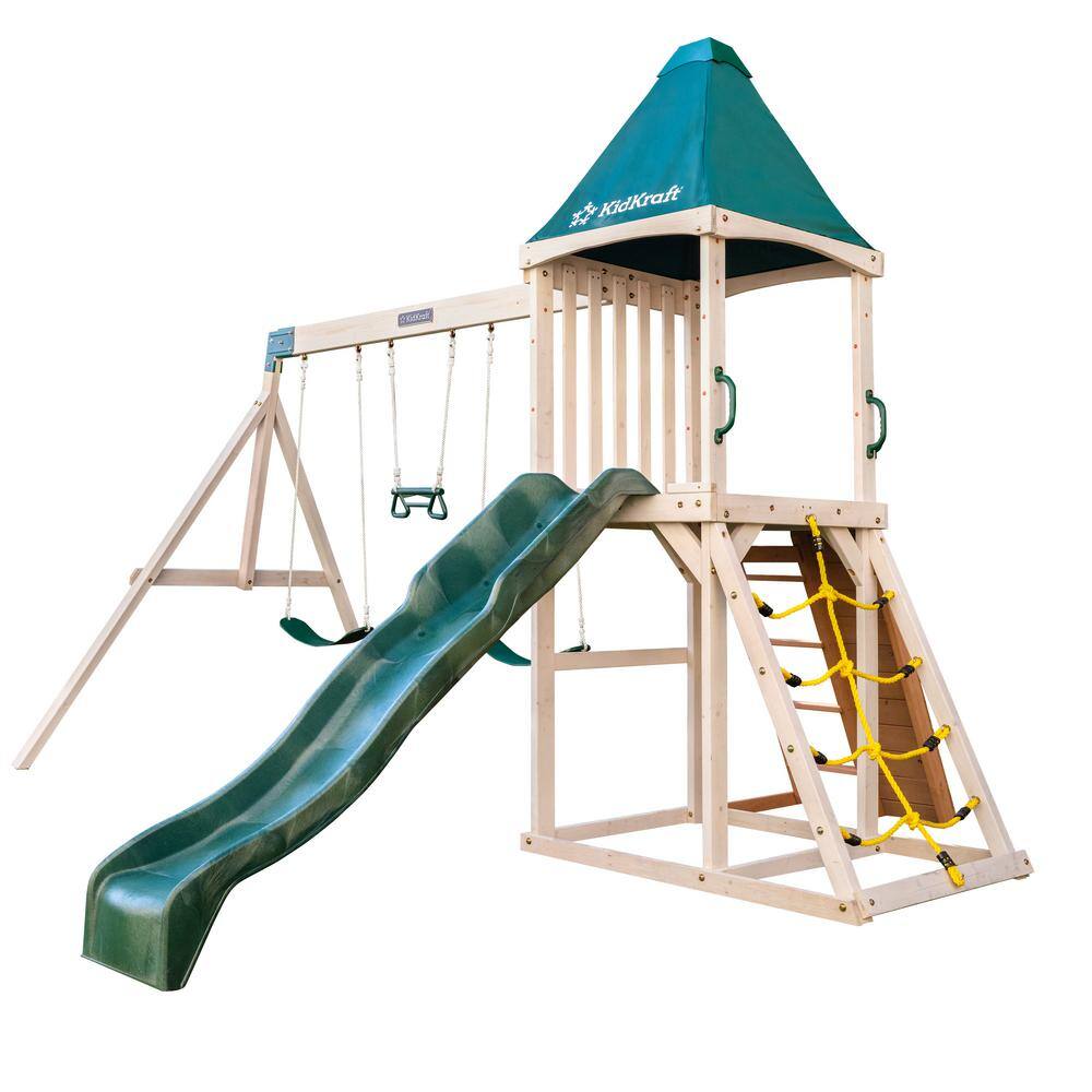 KidKraft Emerald Challenge Wooden Swing SetPlayset with Slide Rope Ladder and 3 Swings F29550E