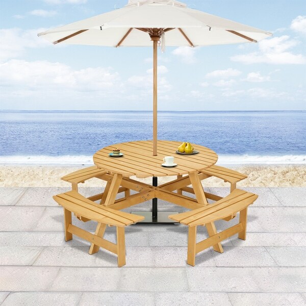 8 Person Wood Picnic Table，Outdoor Round Picnic Table with 4 Builtin Benches，Umbrella Hole，Outside Table and Bench Set