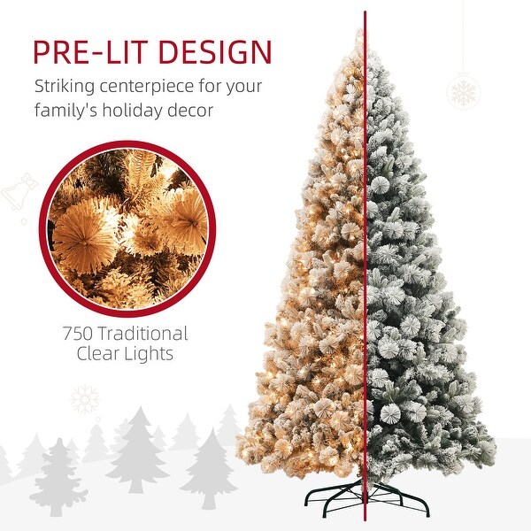 HOMCOM 6.5 ft PreLit Artificial Christmas Tree with 350 Clear Lights and 1107 Tips，Snow Flocked Christmas Tree