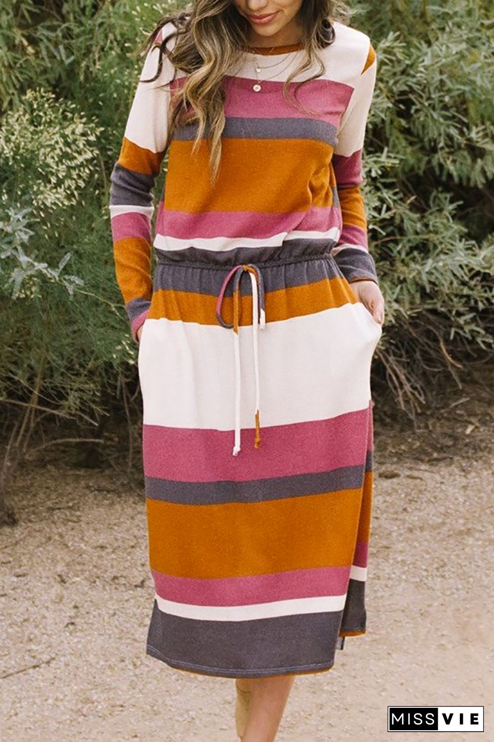 Red Multicolor Block Drawstring Waist Long Sleeve Midi Dress