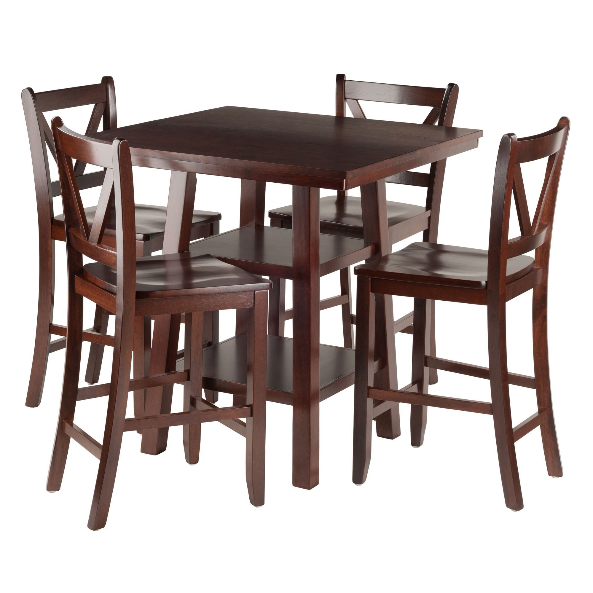 Wood Orlando 5-Pc Set High Table， 2 Shelves and 4 V-Back Counter Stools， Walnut Finish