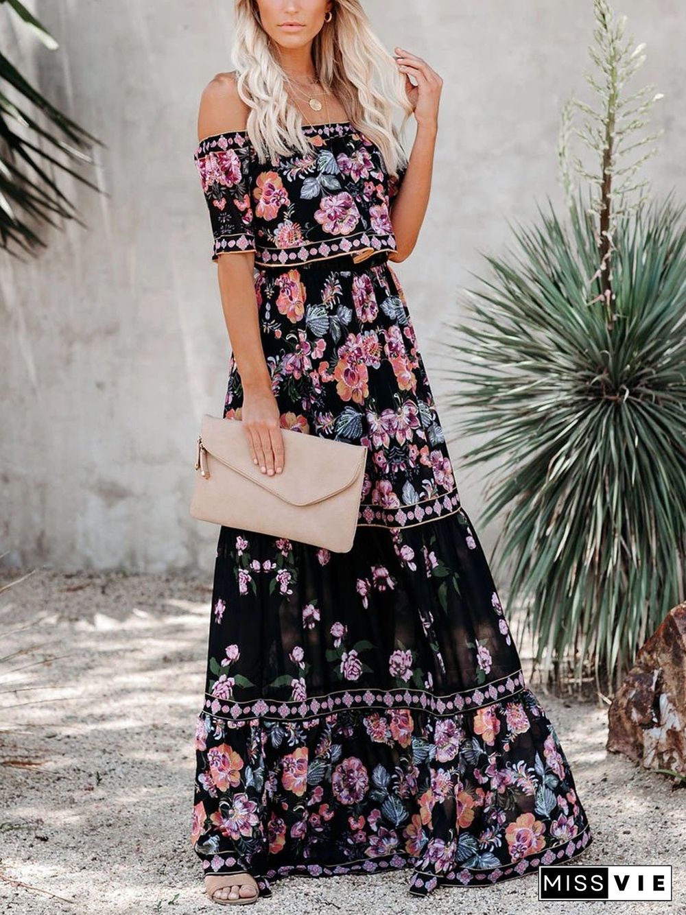 Off Shoulder Floral Maxi Dress P13596