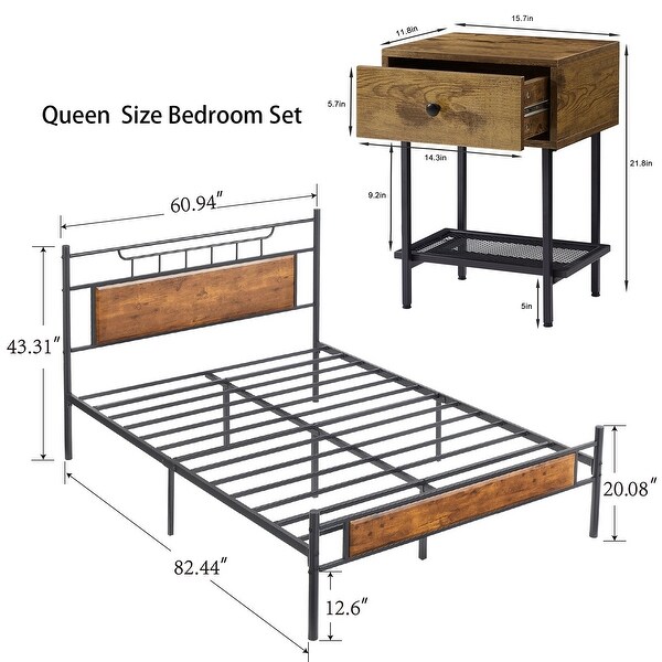 Industrial 3-Pieces Bedroom Set Platform Bed Frame and Nightstands Set of 2 - - 36913922