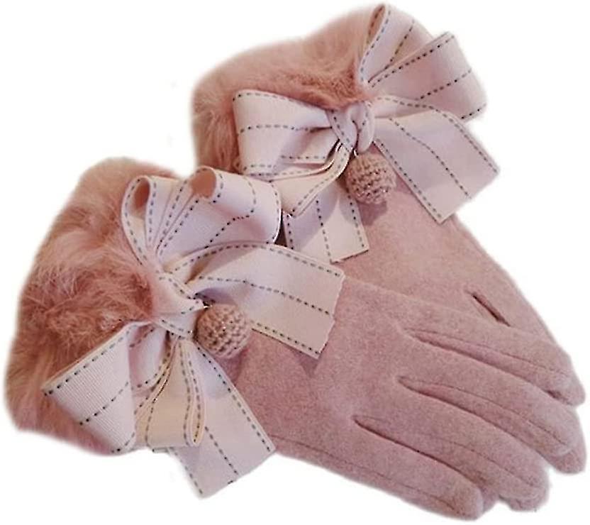 Women Winter Cashmere Rabbit Wrist Thicken Keep Warm Touch Screen Windproof Bow Decoration Elegant Soft Gloves2pcspink