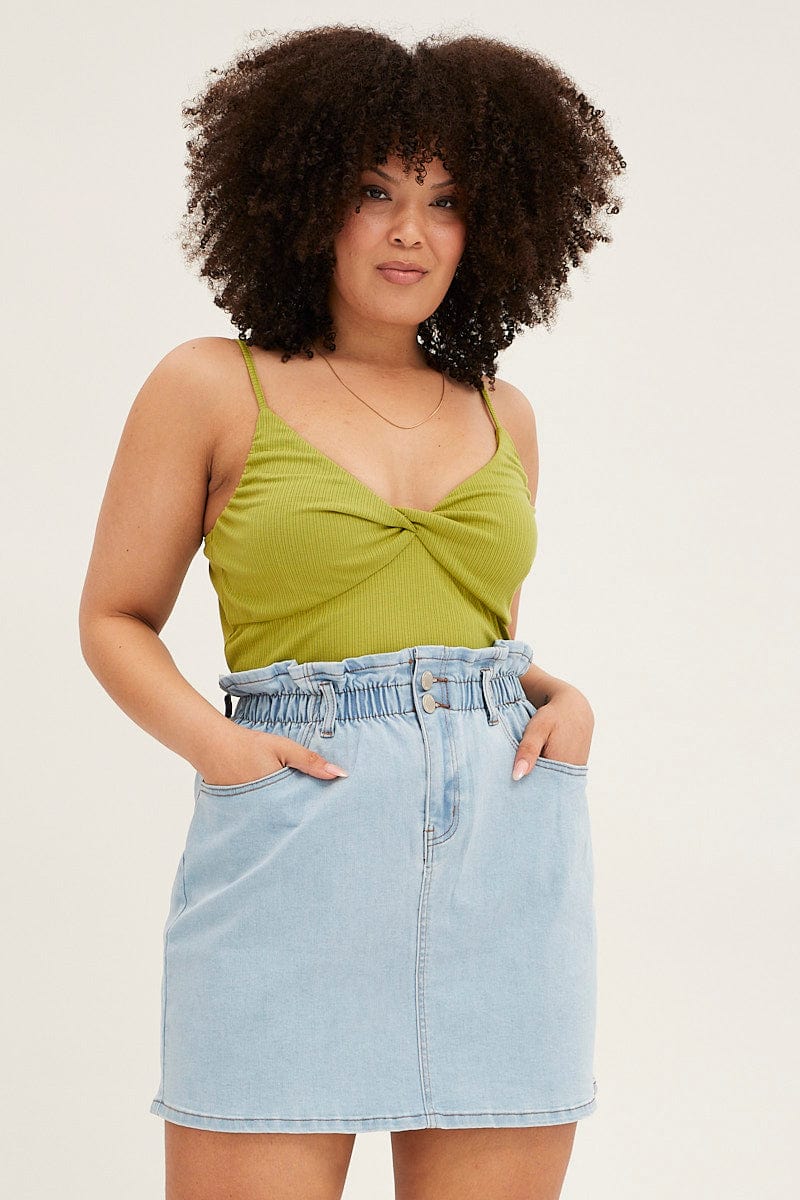 Lime Singlet Top Sleeveless Rib Twist Front Jersey