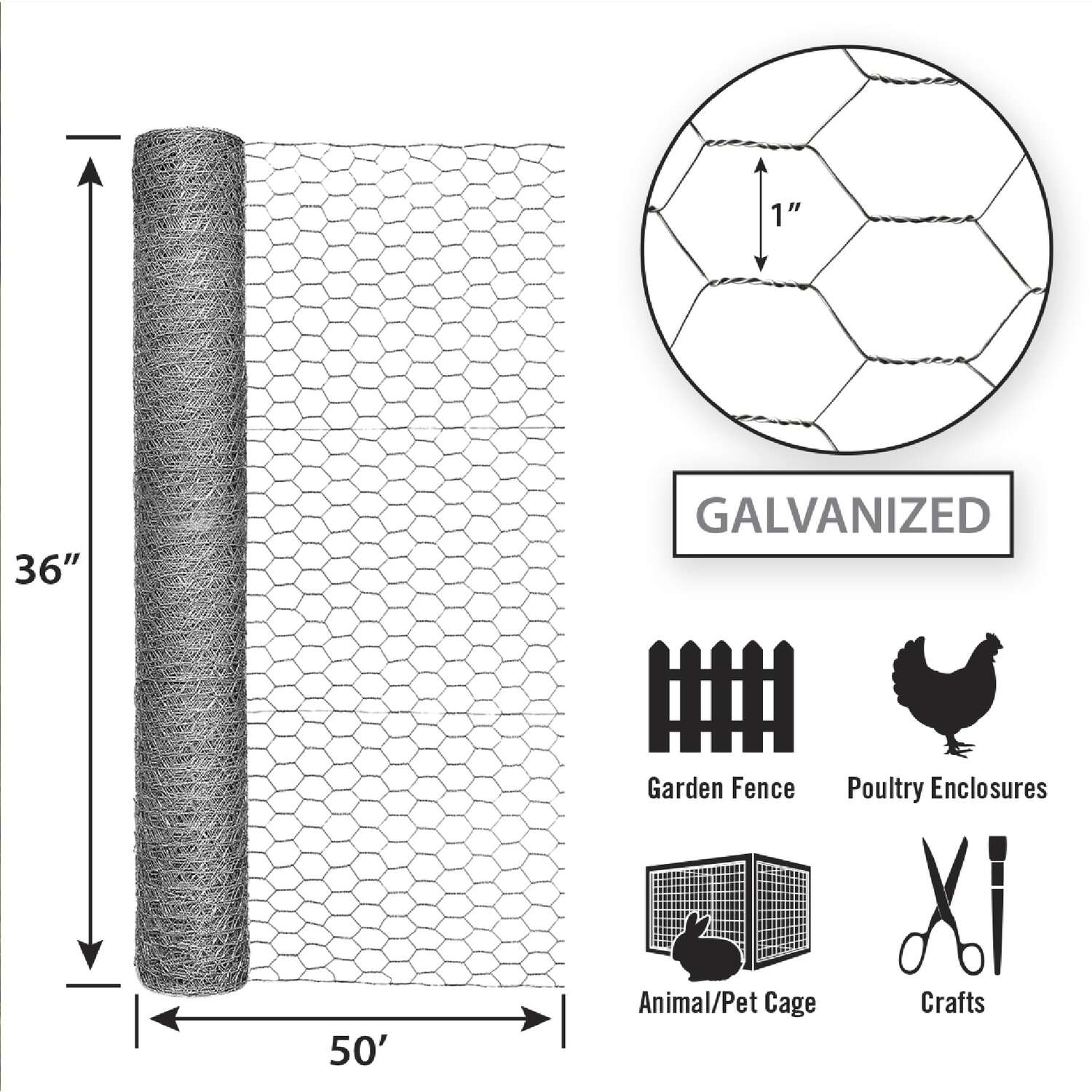 Garden Craft 36 in. H X 50 ft. L Galvanized Steel Poultry Netting 1 in.