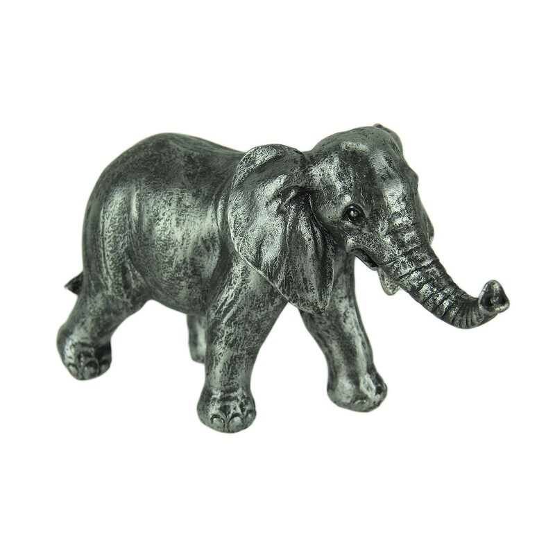 Antique Silver Finish Walking Trunk Up Elephant Statue   5.25 X 9 X 3.5 inches