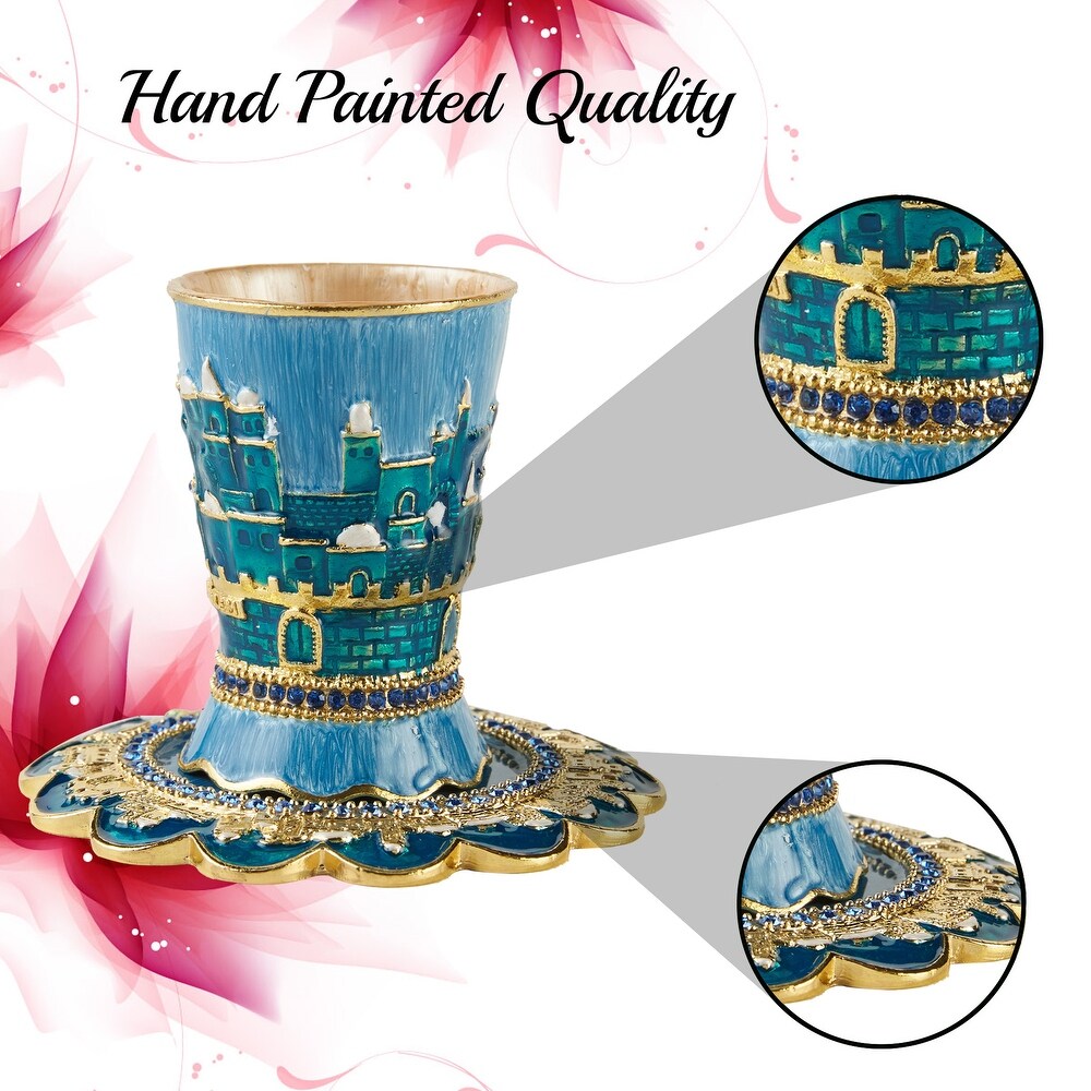 Matashi Hand Painted Enamel 3.3'' Tall Kiddush Cup Set w/ Tray Embellished w/ High Quality Crystals   Jerusalem Cityscape Design