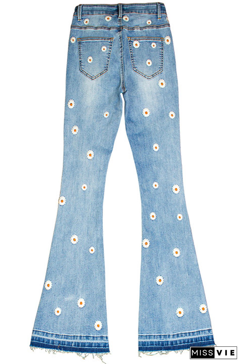 Daisy Embroidered Bleach Bell Bottom Flared Jeans Wholesale Boutique