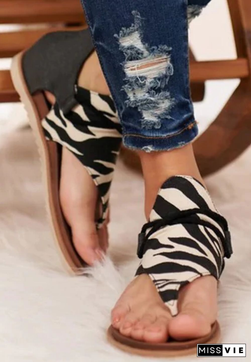 Black Zebra Print Flat Sandals