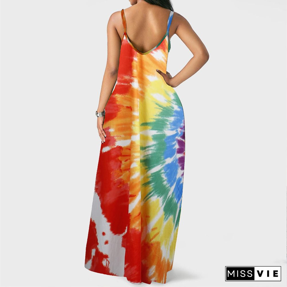 Tie Dye Print Loose Spaghetti Straps Maxi Dress