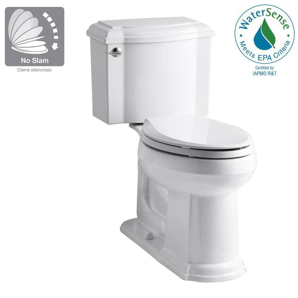 KOHLER Devonshire 2-Piece Single Flush 1.28 GPF Elongated Toilet in White with Rutledge Quiet Close Toilet Seat K-3837-4734-0