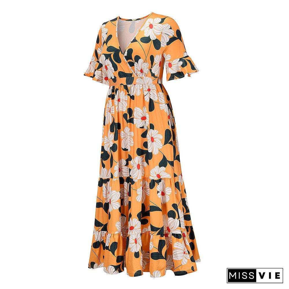 Cross V Neck Short Sleeve High Waist Floral Maxi Dress