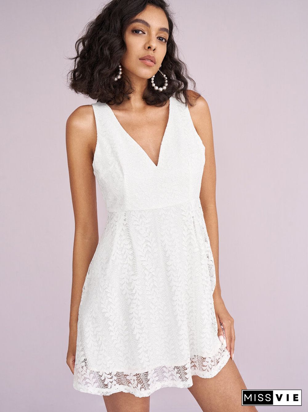 Lace Stitch Solid Sleeveless V-neck Invisible Zipper Dress