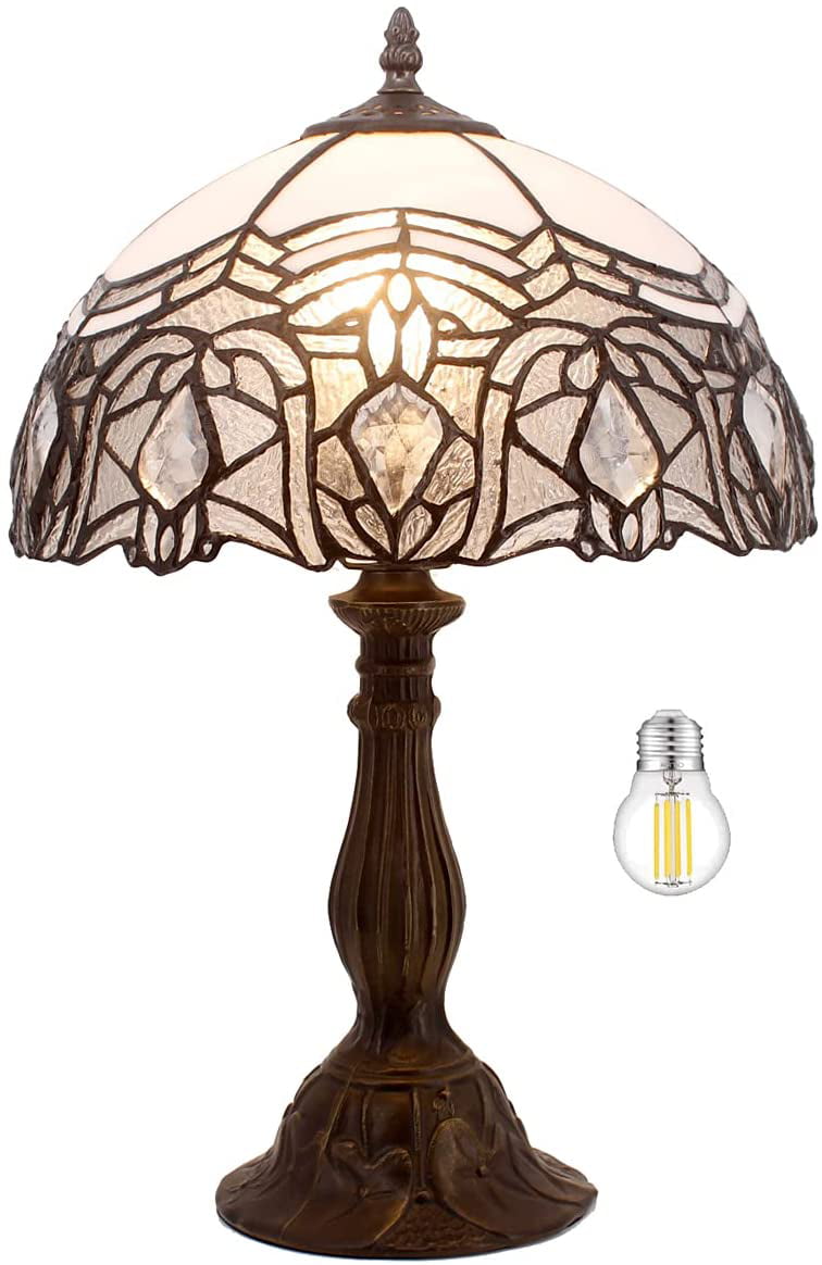 SHADY Tiffany Lamp White Bent Stained Glass Bedside Table Lamp Desk Reading Light 12X12X18 Inches Decor Bedroom Living Room Home Office S508W Series