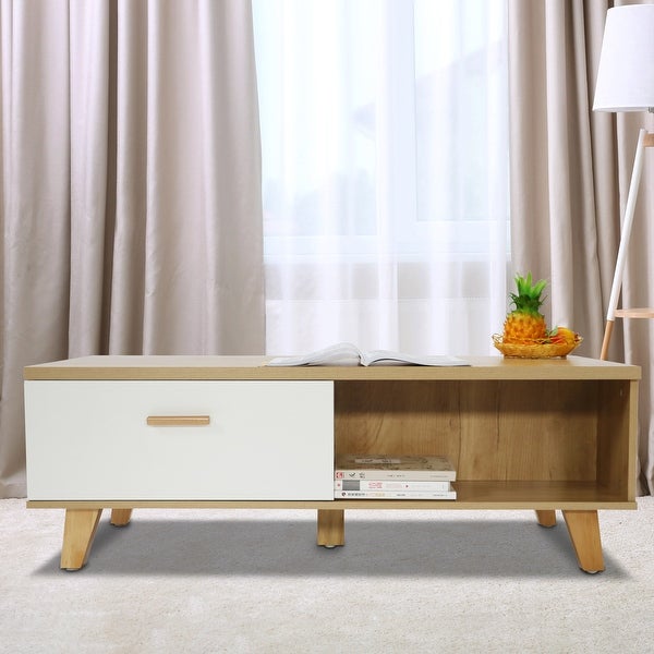 Coffee Table Computer Table Wood+white Color Solid Wood Handles and Legs Two Drawers