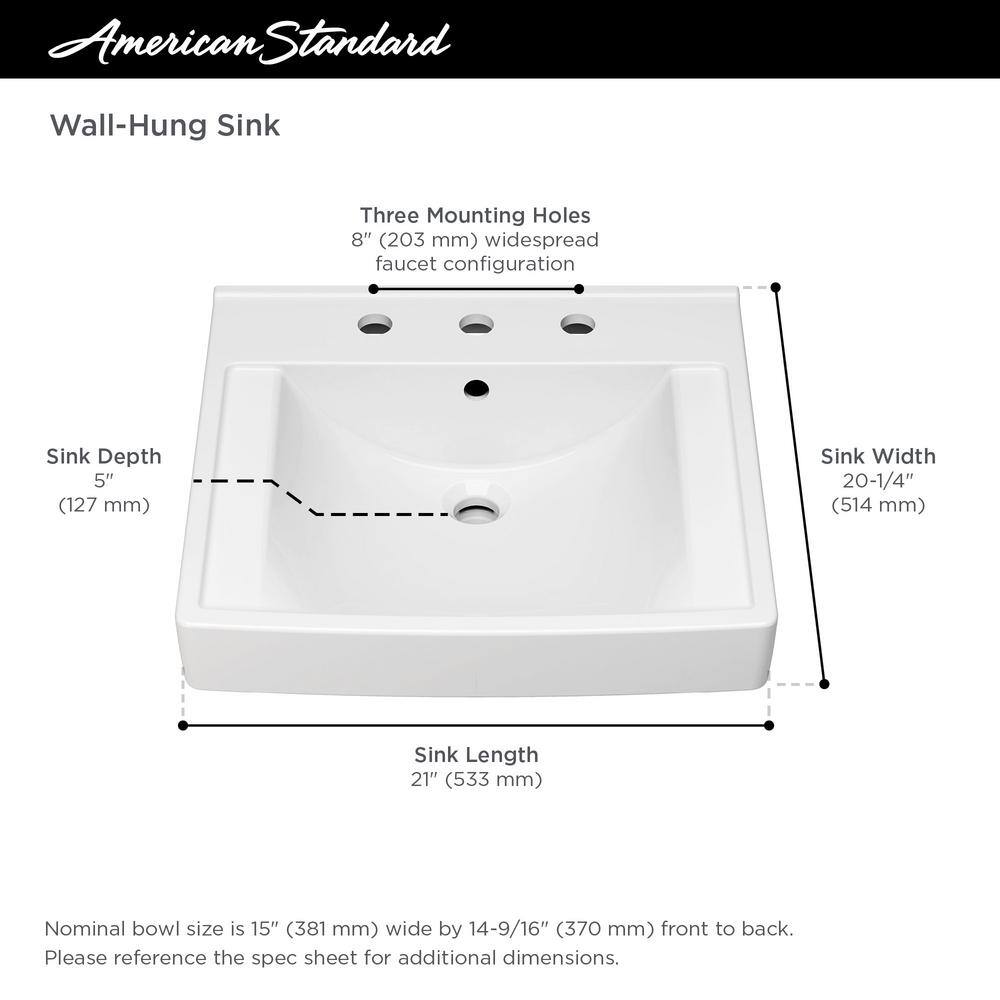 American Standard Decorum Vitreous China Wall-Hung Rectangle Vessel Sink with 8 in. Widespread Faucet Holes in White 9134008EC.020