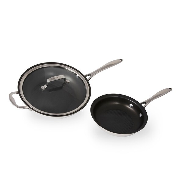 Wolfgang Puck 3-Piece Stainless Steel Skillet Set， Scratch-Resistant Non-Stick Coating， Includes a Large and Small Skillet