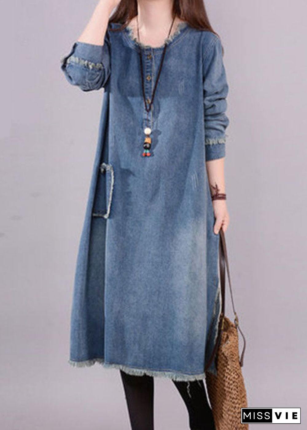 Art Blue O-Neck Pockets Button Denim Fall Long sleeve Dress