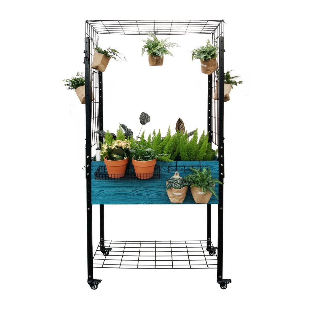 EverBloom Blue Self-Watering Composite Mobile Elevated Planter with Arch Trellis and UnderShelf and Basket and Hook Set K2304