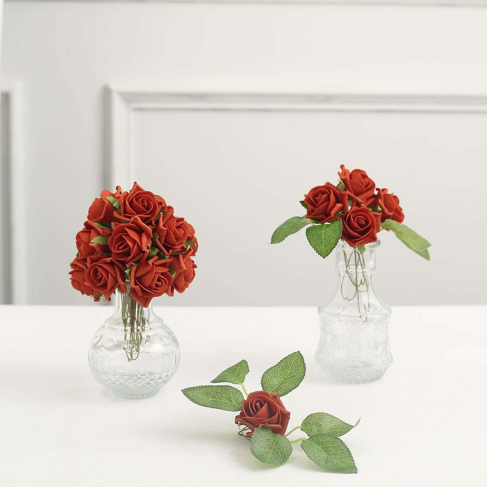 24 Roses Terracotta (Rust) Artificial Foam Flowers With Stem Wire and Leaves 2