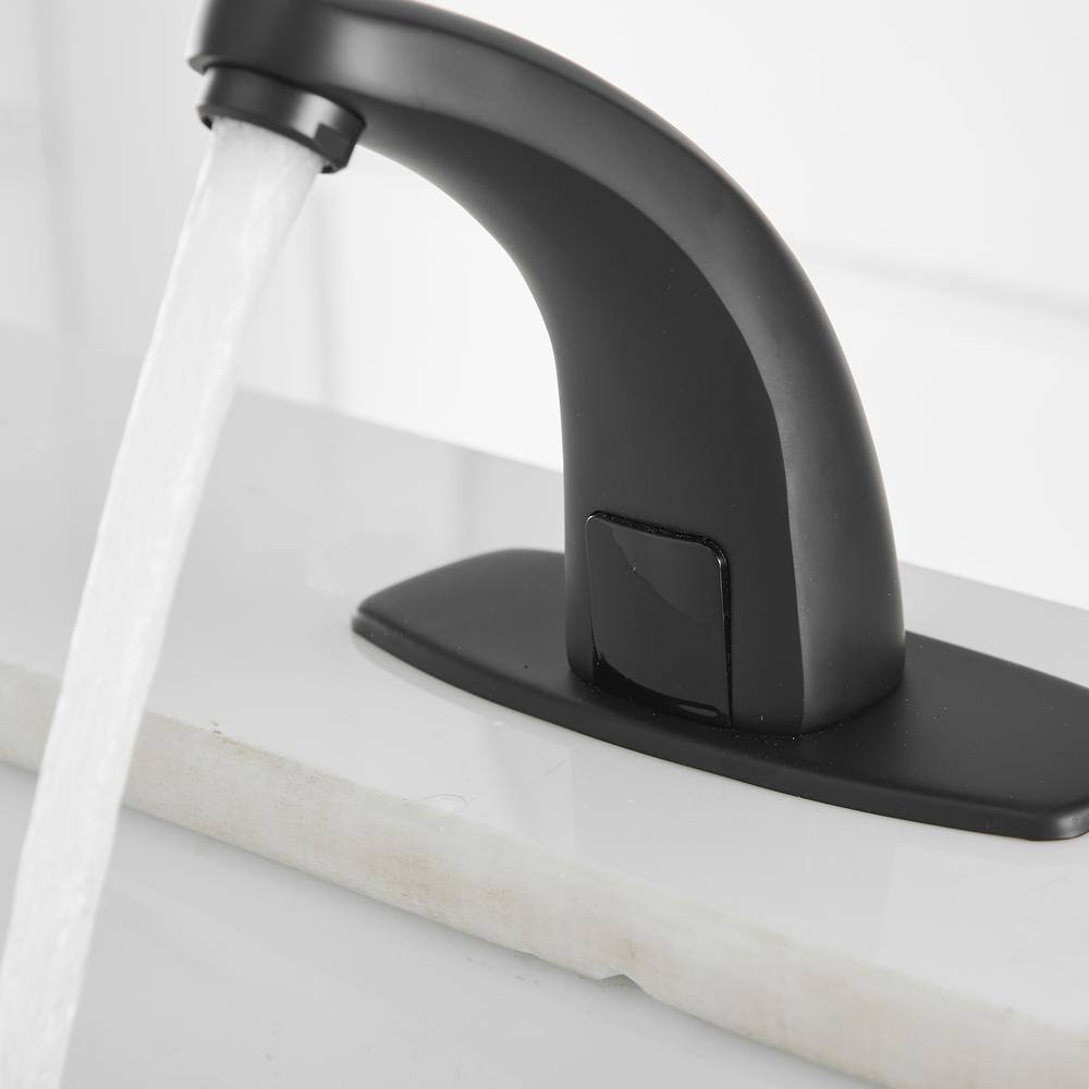 BWE DC Powered Commercial Touchless Single Hole Bathroom Faucet With Deck Plate  Pop Up Drain In Matte Black A-918102-B-2