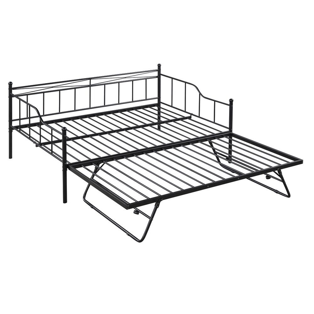 Full Size Metal Daybed with Twin Adjustable Trundle  Portable Folding