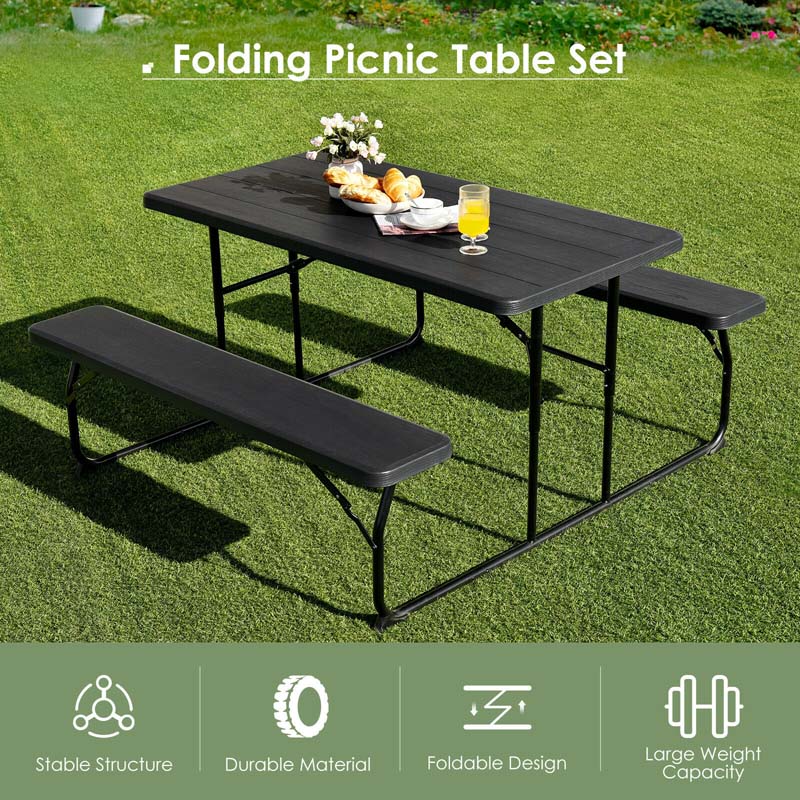 4-Person Folding Picnic Table Bench Set with Wood-like Texture & Metal Frame, Portable Outdoor Camping Dining Table Set