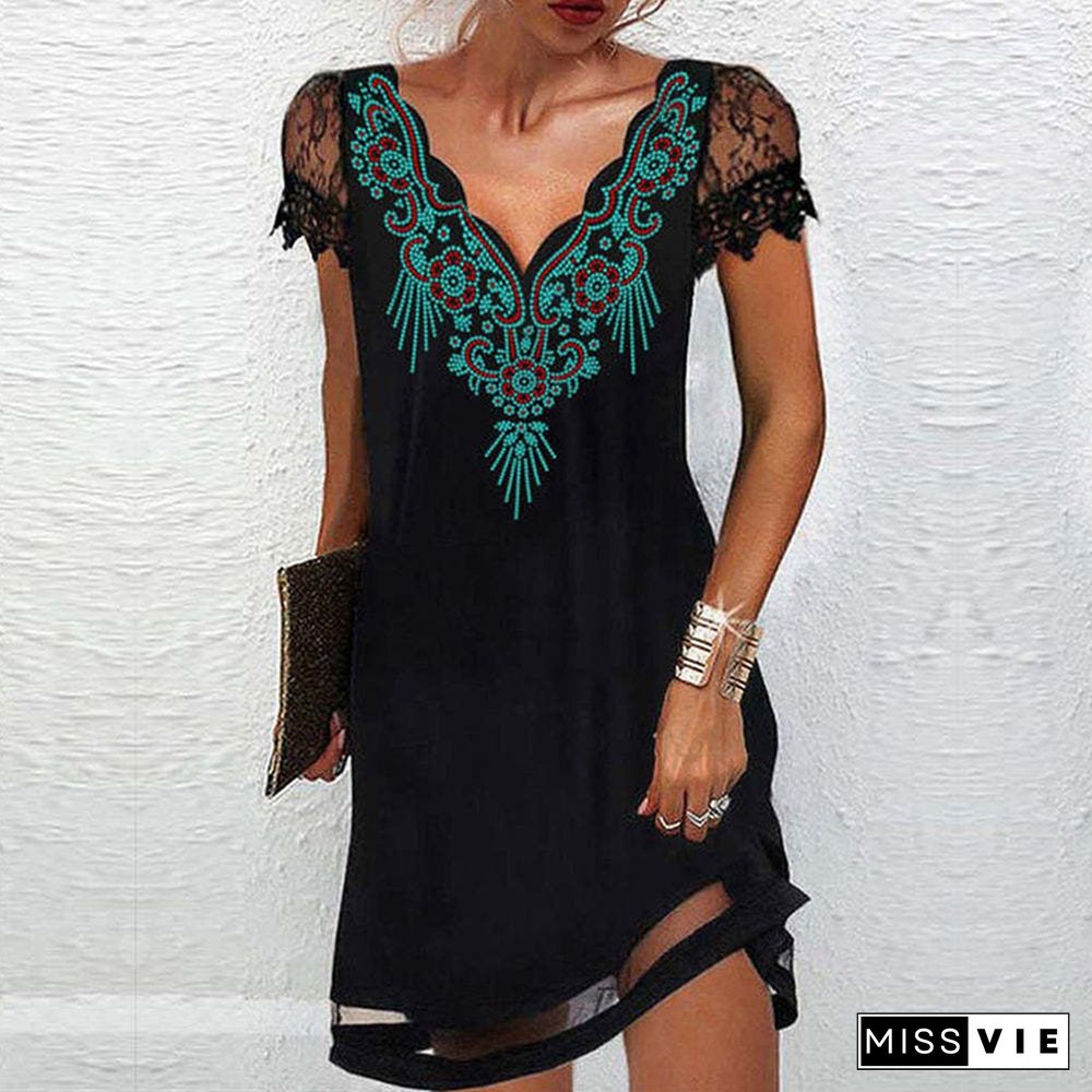 Women Elegant Party Dress Sexy V Neck Lace Patchwork Office Ladies Mini Dress Women Casual Patchwork Patchwork Short Dress