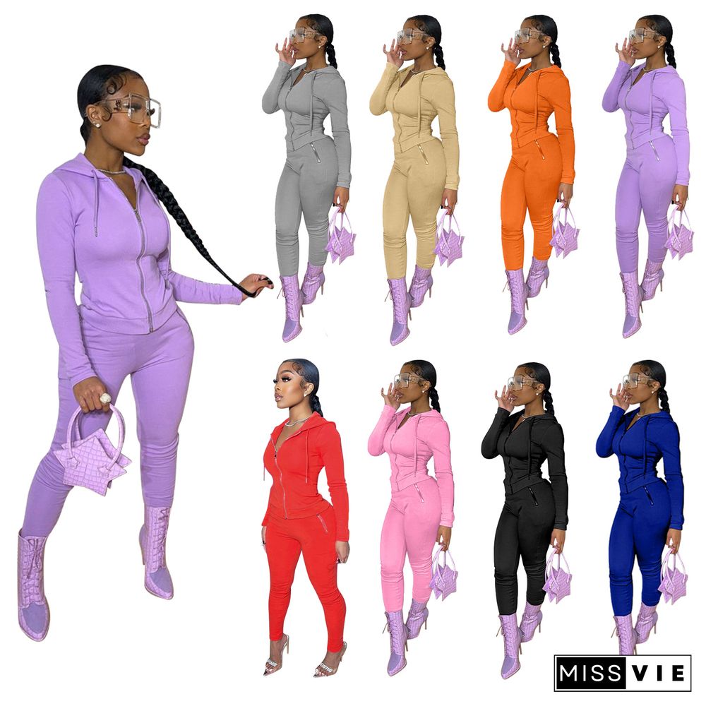 Solid Zipper Hoodies Top And Pants Sets