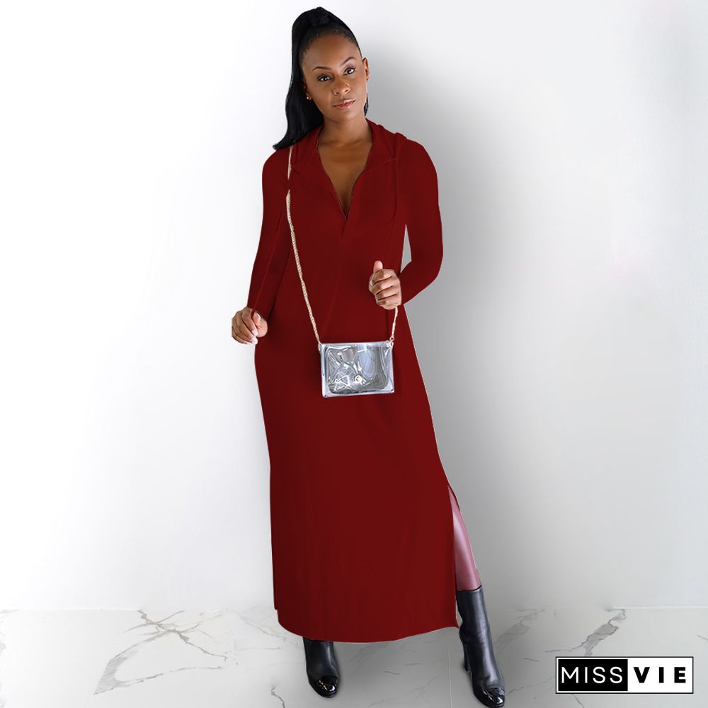 Solid Long Sleeve Back Hole Hooded Dress