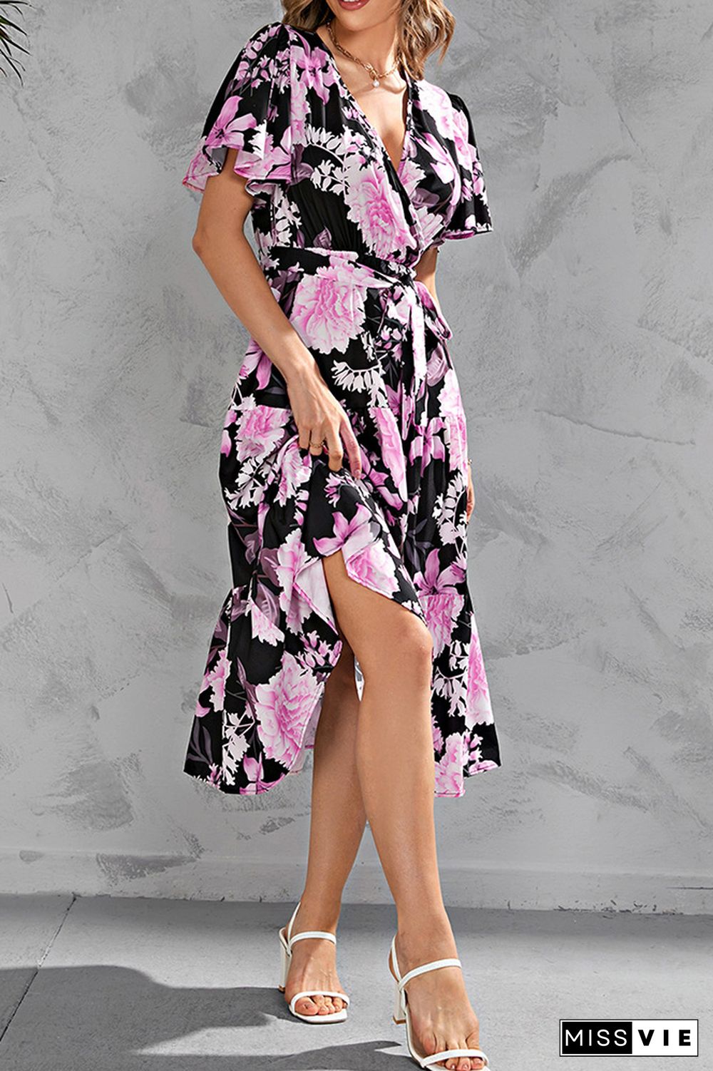 Wrap V Neck Tiered Midi Floral Dress