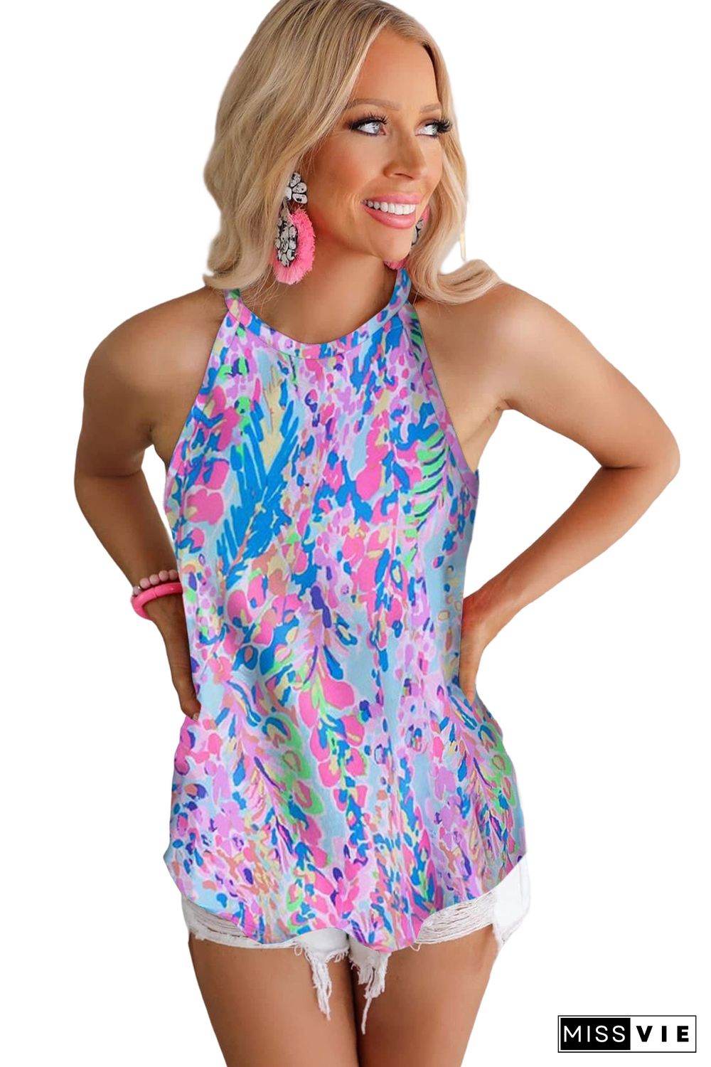 Blue Multicolor Floral Print Sleeveless Tank Top