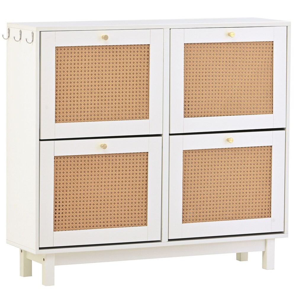 Rattan Shoe Cabinet with 4 Flip Drawers  Slim Shoe Storage Cabinet for Entryway  Narrow 2 Tier Shoe Rack Shoe Storage Organizer