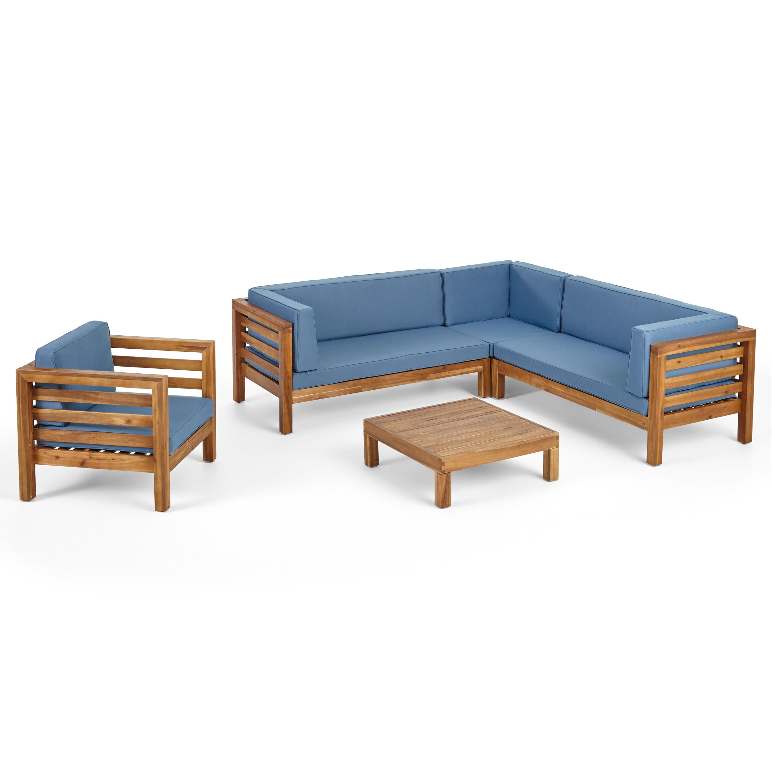 Emma Outdoor 6 Seater Acacia Wood Sectional Sofa and Club Chair Set