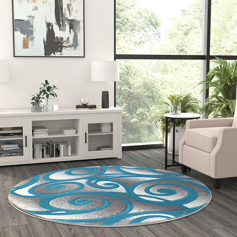 Masada Rugs Masada Rugs DaVincii Collection 6'x6' Round Turquoise， White and Gray Modern Woven Area Rug， Hand Carved Sculpting -Design D241