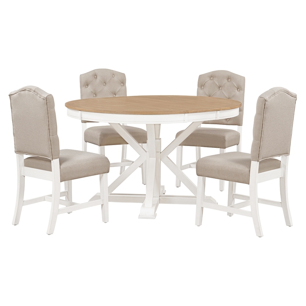 5 Piece Retro Style Dining Table Set with Extendable Table and 4 Upholstered Dining Chairs  Dining Set for 4