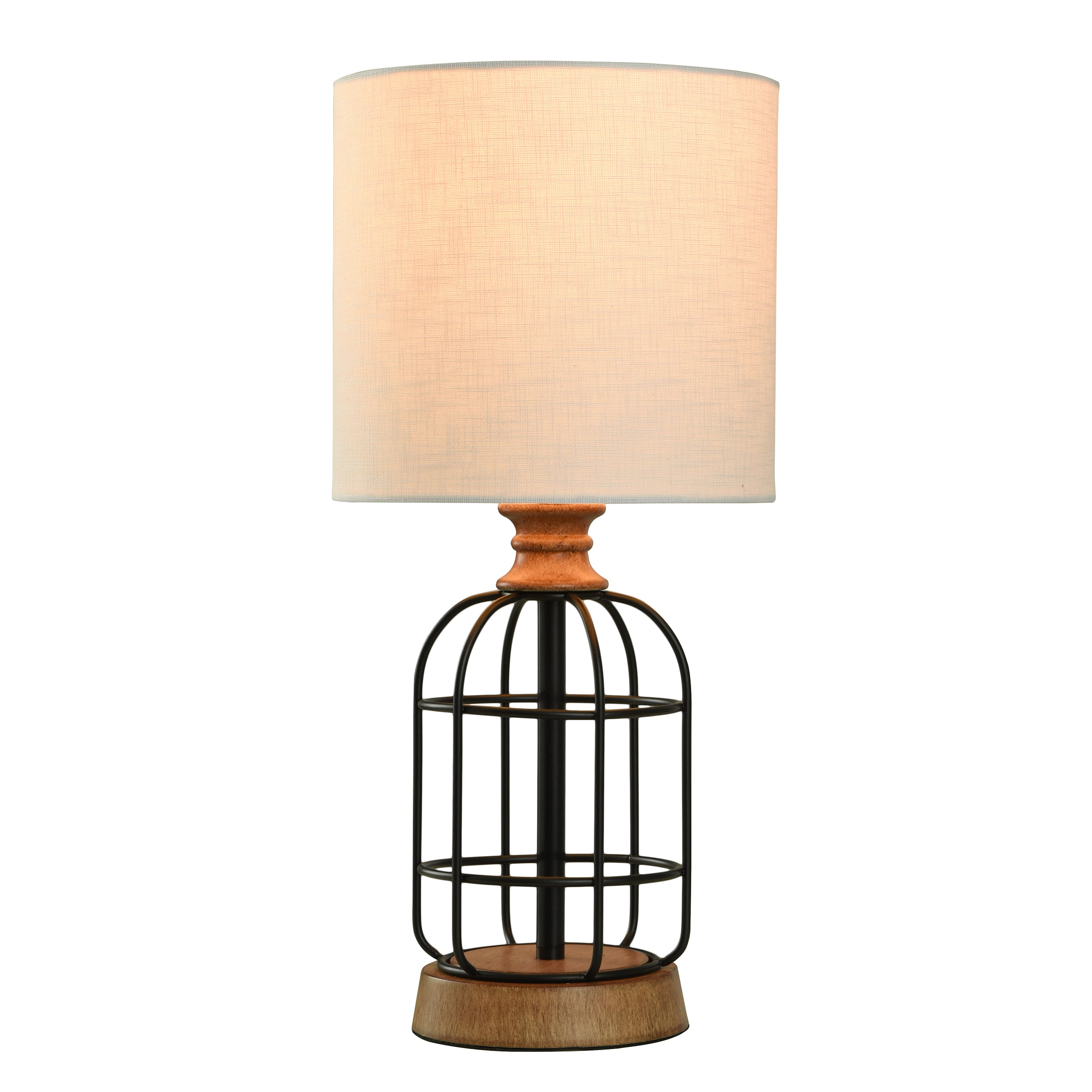 Mainstays Black Metal Cage Table Lamp with Wood Accents and Drum Shade， bulb included， 17