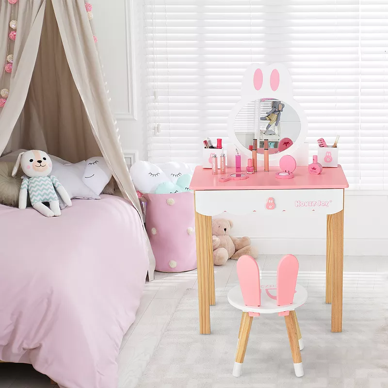 Kids Vanity Set Rabbit Makeup Dressing Table Chair Set with Mirror and Drawer