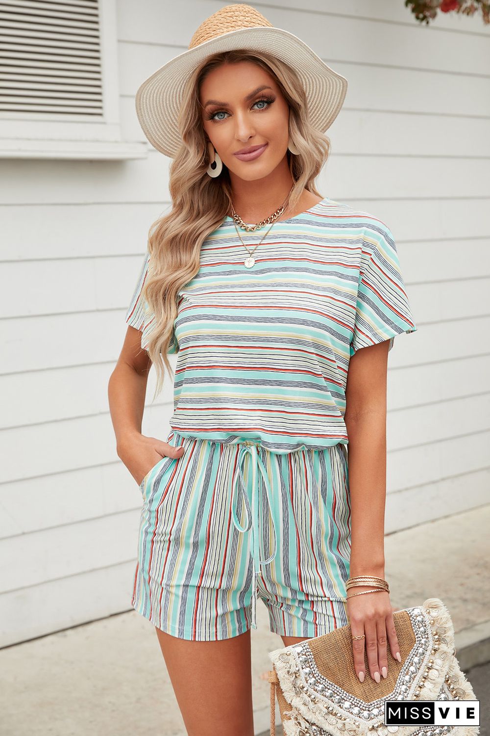 Green Striped Short Sleeve Romper